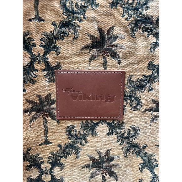 Large Tapestry Tote Bag Tan Palm Tree Print Brown‎ Leather Trim Beach Travel - Picture 2 of 6